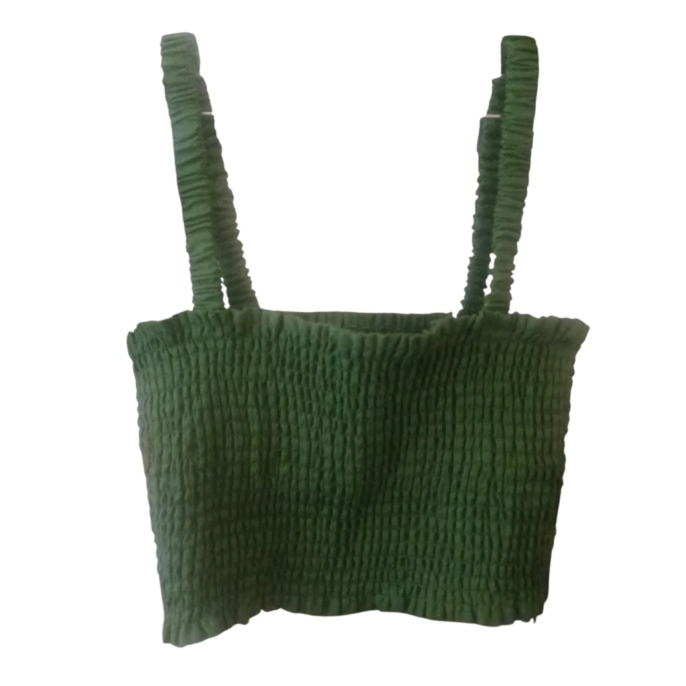 REFORMATION  Vera Linen 2 piece SET Palm Green Ruched Cropped Natural Fabric 4